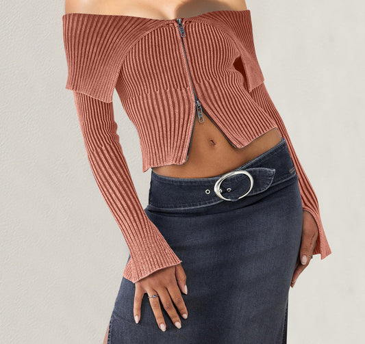 Double Take Ribbed Off-Shoulder Zip Up Long Sleeve Cardigan