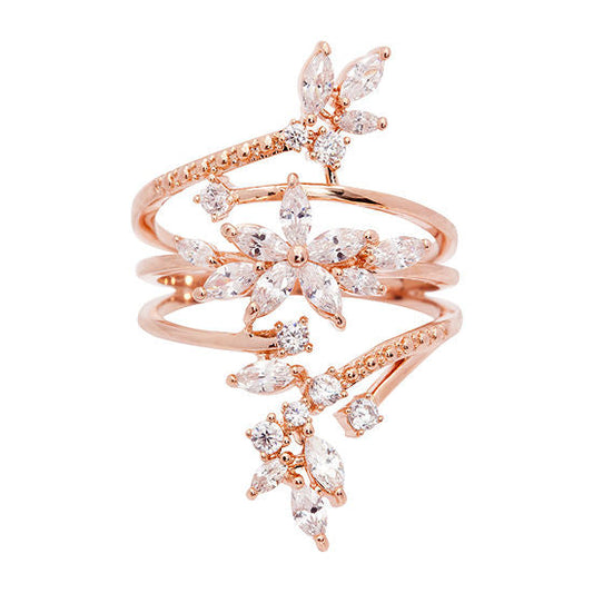 14K Rose Gold Multi-Row Cocktail Ring With Genuine Crystals