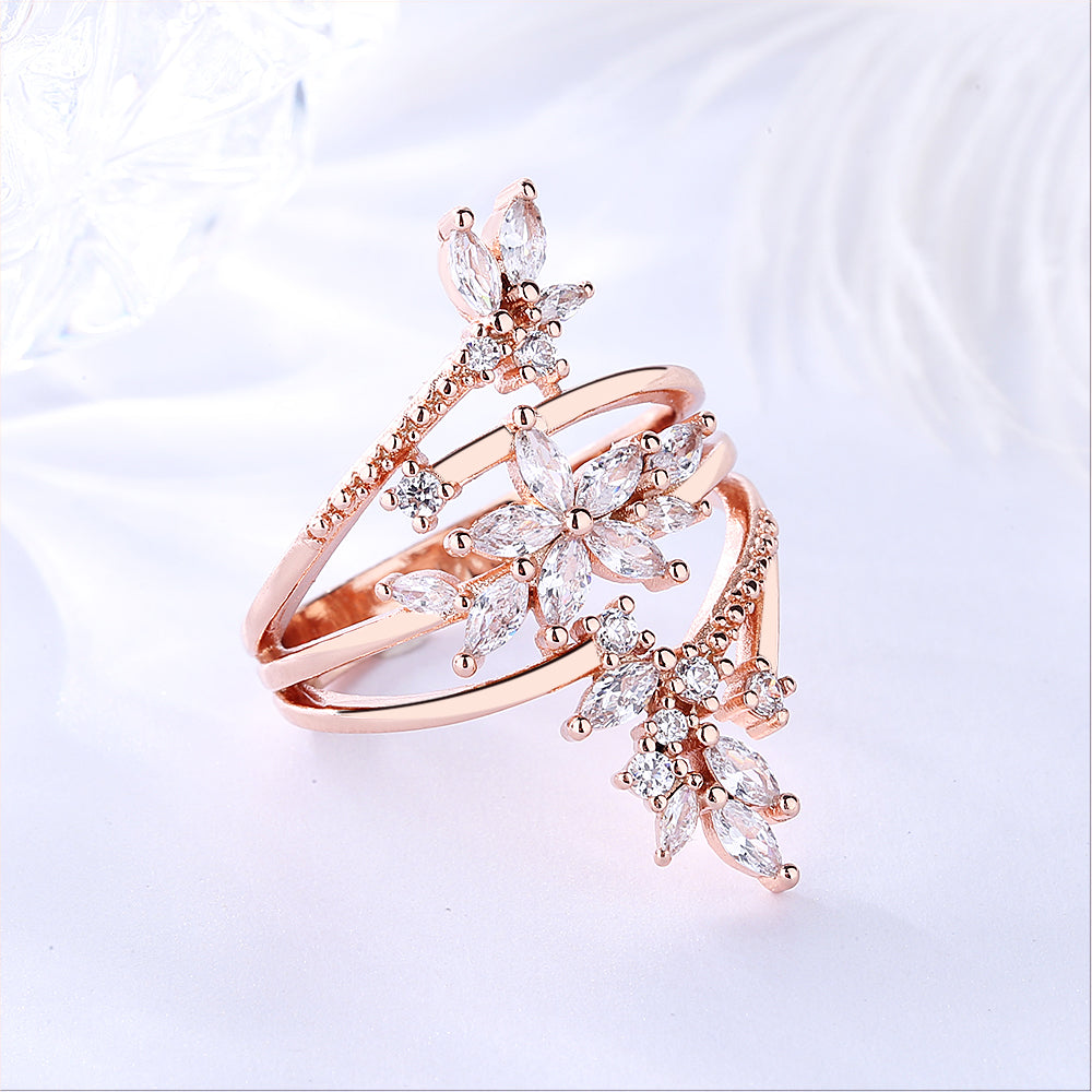 14K Rose Gold Multi-Row Cocktail Ring With Genuine Crystals