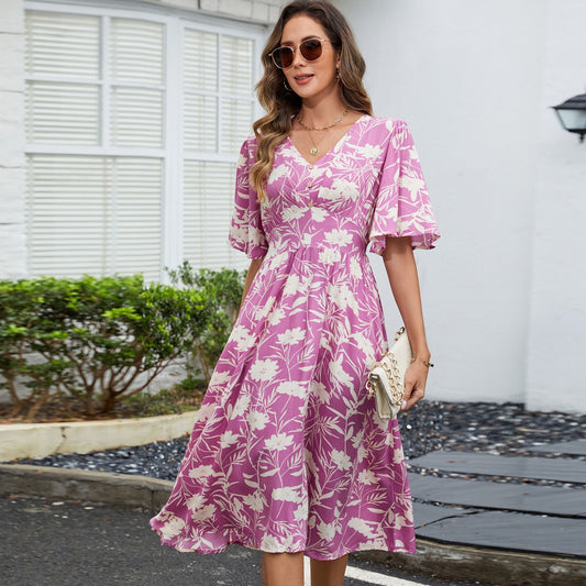 Summer Rayon V neck Tight Waist Seaside Vacation Large Swing Dress