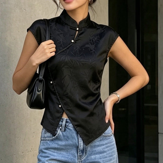 Black Jacquard Sleeveless Vest Top Stand up Collar Slanting Jin Imitation Pearl Buckle Furcal Lower Hem National Shirt Women