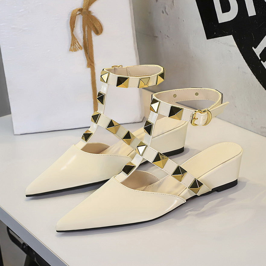 French Wedge Pointed Toe Sandals Women Classic Rivet Design Buckle Comfortable Closed Toe Back Empty Shoes