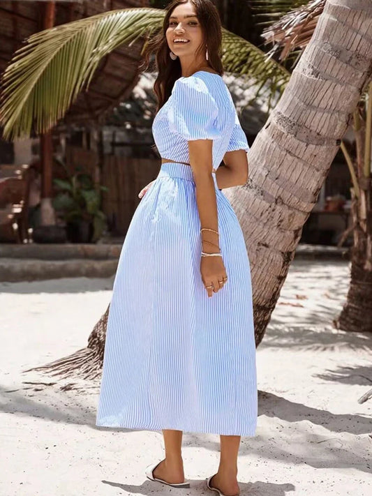 Foridol Striped Women Summer New in Matching Sets Top+skirt Two Piece Set Outfits 2025 Light Blue Beach Casual Elegant Suit