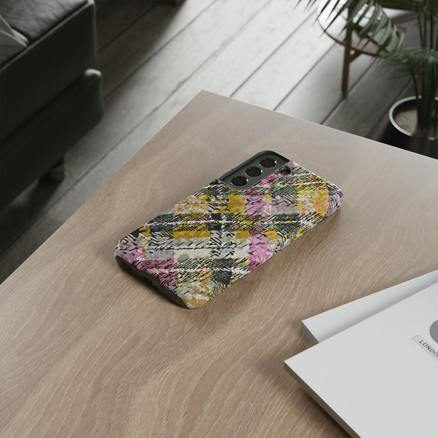 Purple Plaid Floral Artistic Tough Phone Case For iPhone, Samsung Galaxy, Or Google Pixel