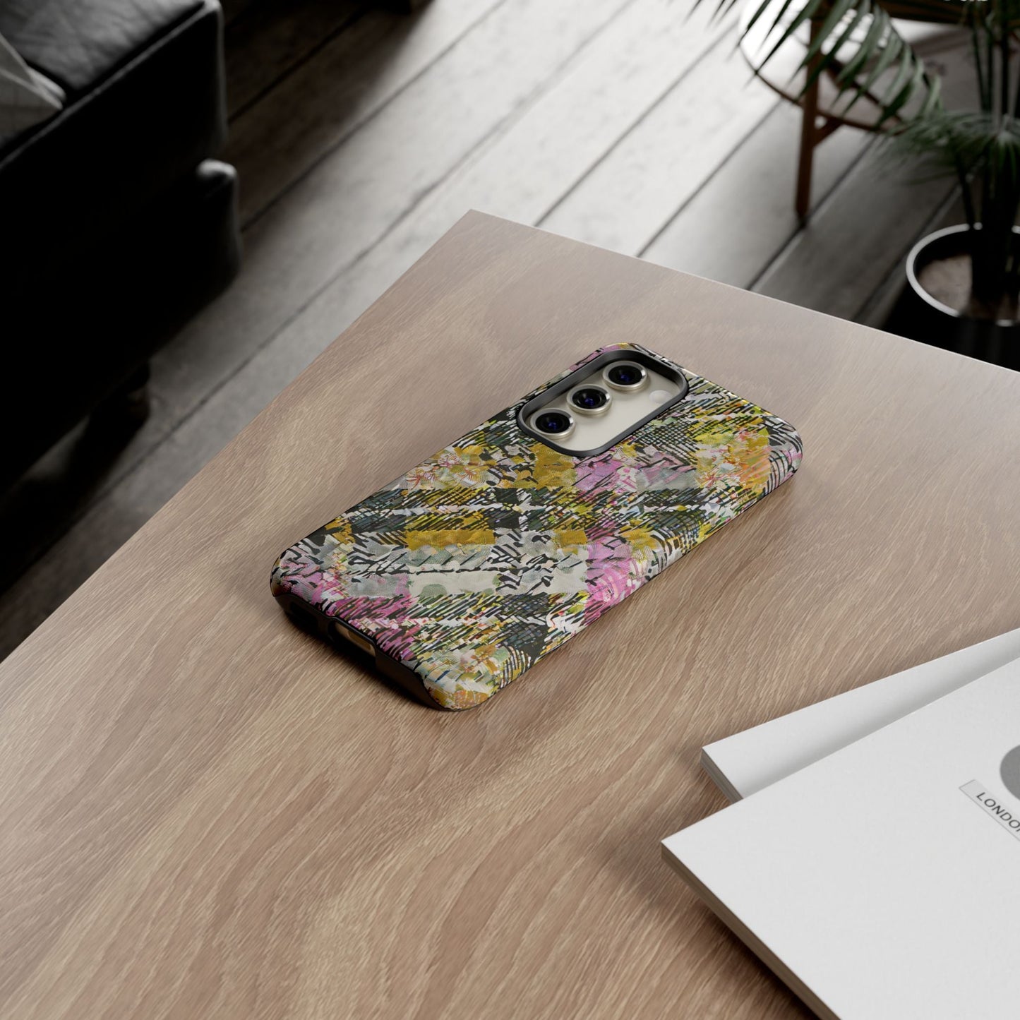 Purple Plaid Floral Artistic Tough Phone Case For iPhone, Samsung Galaxy, Or Google Pixel