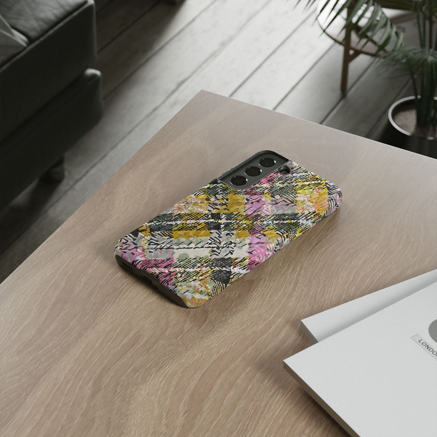Purple Plaid Floral Artistic Tough Phone Case For iPhone, Samsung Galaxy, Or Google Pixel