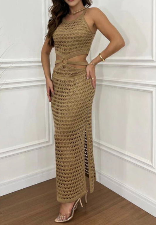 Cutout Slit Round Neck Sweater Dress