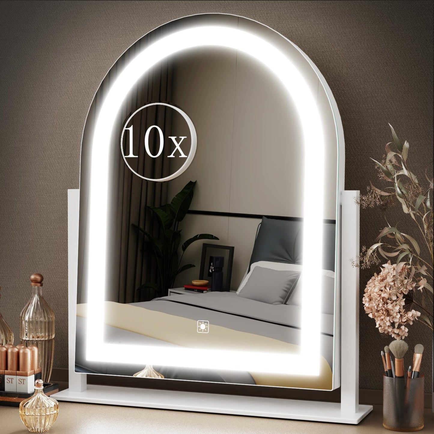 Gvnkvn Lighted Makeup Mirror, Hollywood Vanity Mirror with Lights, Three Color Lighting Modes, and Detachable 10X Magnification Mirror, Smart Touch Control, 360°Rotation (15.2in White)
