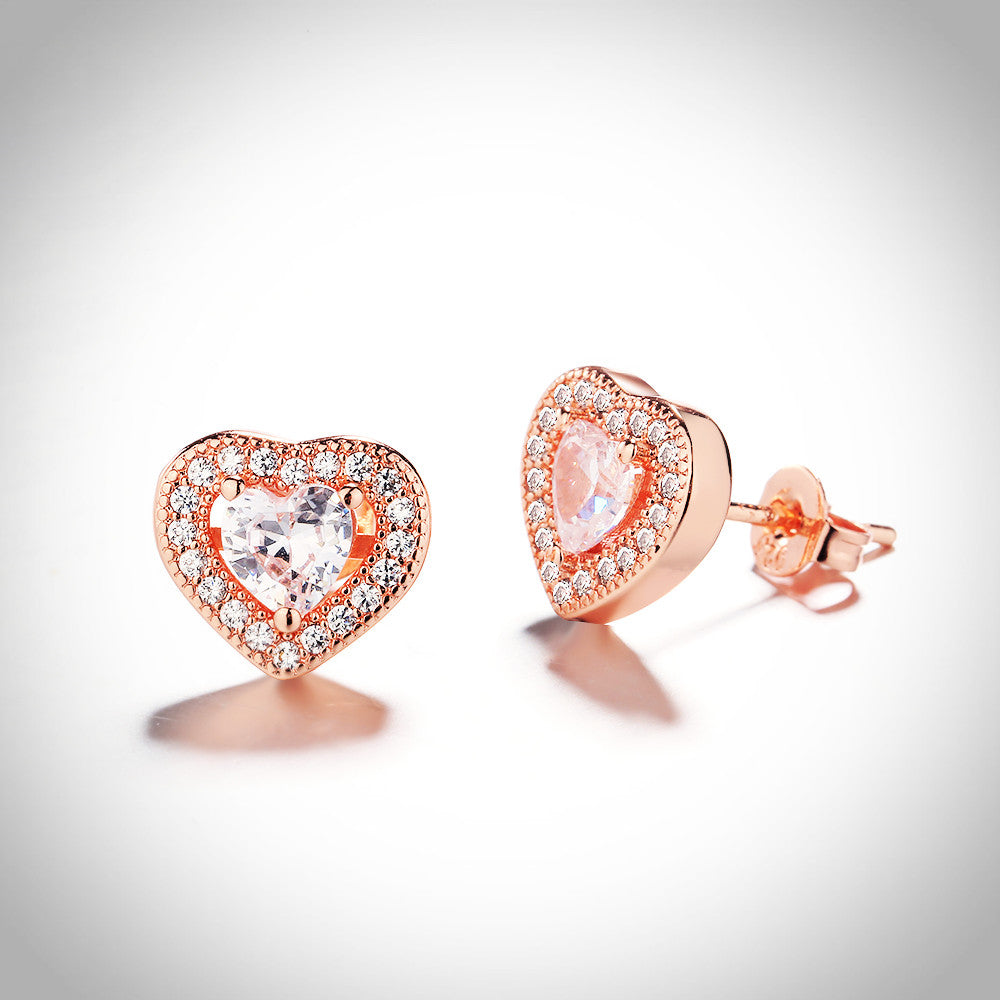 18K Rose Gold Heart Earrings With Crystal