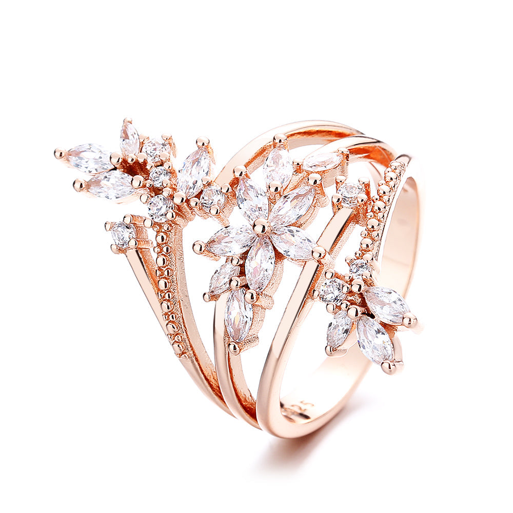 14K Rose Gold Multi-Row Cocktail Ring With Genuine Crystals