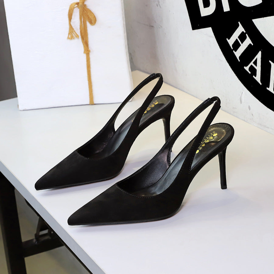 High Grade Suede Stiletto Heel Women Shoes Pointed Toe Low Cut Comfortable Back Empty Back Strap Outdoor Sandals