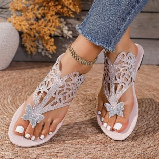 Rhinestone Butterfly Flat Sandals Women Outer Wear Bohemian Seaside Beach Slippers
