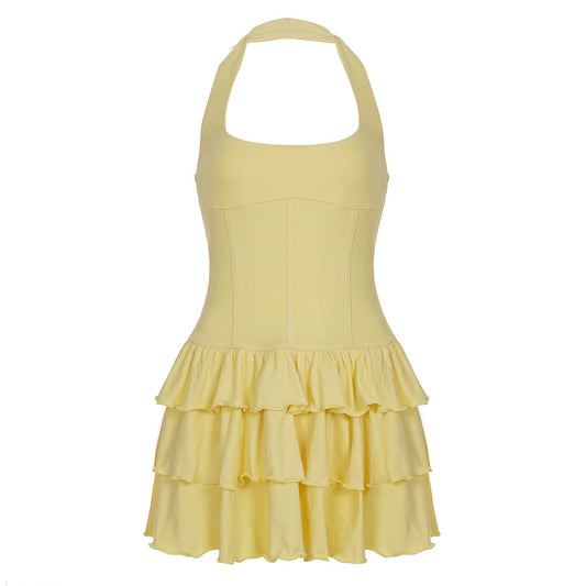 Built Basic Solid Color U Collar Halter Pleated Tiered Skirt Sexy Backless Dress Short Dress
