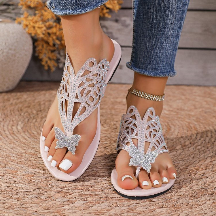 Rhinestone Butterfly Flat Sandals Women Outer Wear Bohemian Seaside Beach Slippers