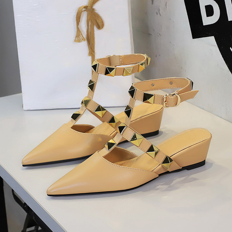 French Wedge Pointed Toe Sandals Women Classic Rivet Design Buckle Comfortable Closed Toe Back Empty Shoes
