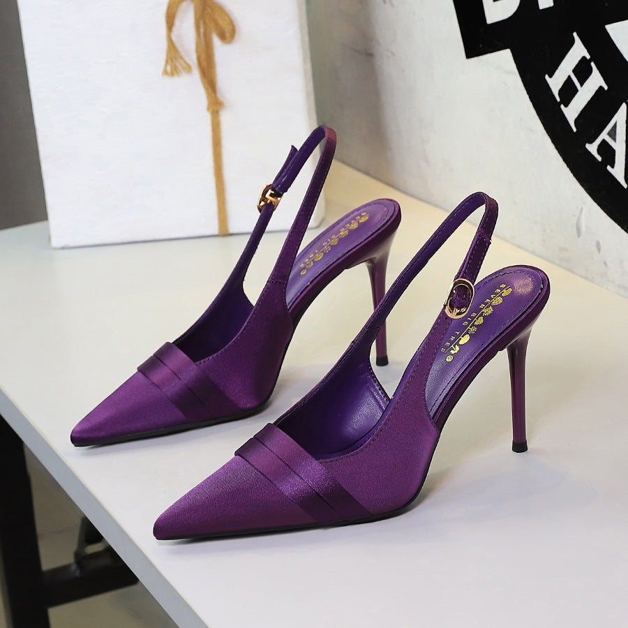 French Satin Women Stiletto Heel High Heel Shoes Pointed Toe Shallow Mouth Back Empty Ankle Strap Buckle Cocktail Shoes Women