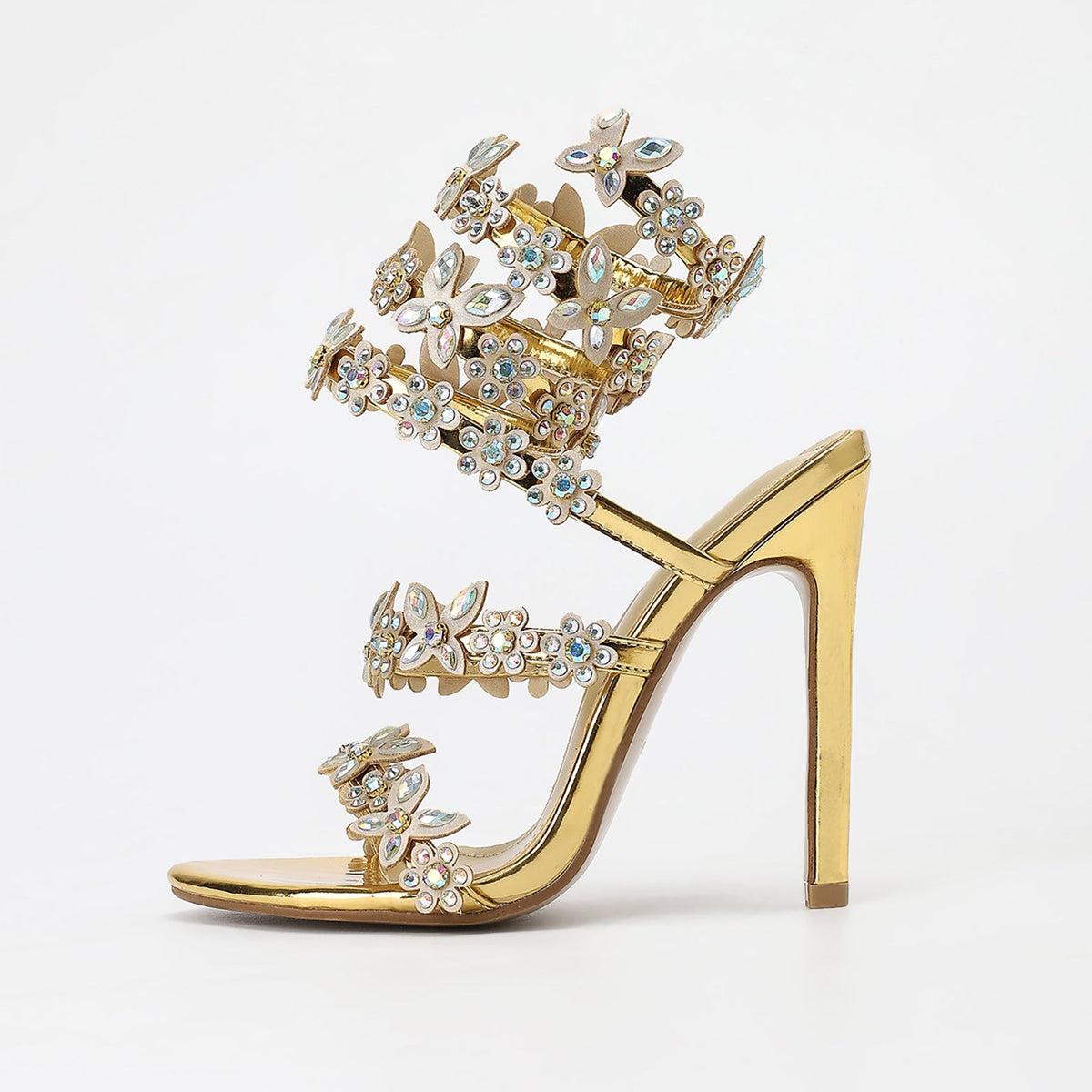 Gold Silver Color 11cm Stiletto round Toe Satin Floral Dream Color Rhinestones High Heel Sandals Summer Heels