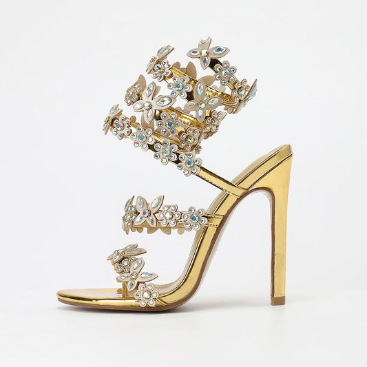Gold Silver Color 11cm Stiletto round Toe Satin Floral Dream Color Rhinestones High Heel Sandals Summer Heels