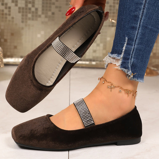 Arrival Suede Rhinestones Flat Pumps Women Comfortable Square Toe Low Cut Lightweight Four Seasons Work Shoes