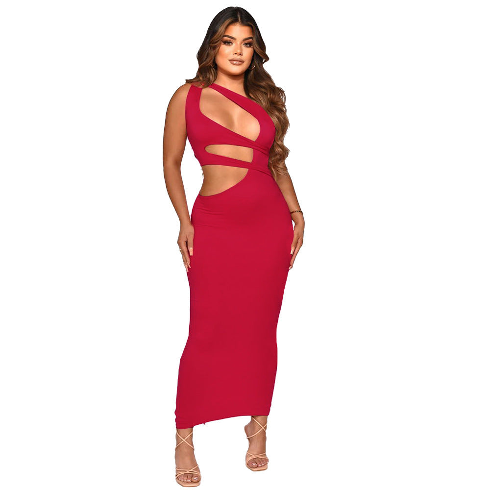 Women Clothing Slant Shoulder Asymmetric Sexy Slim Dress