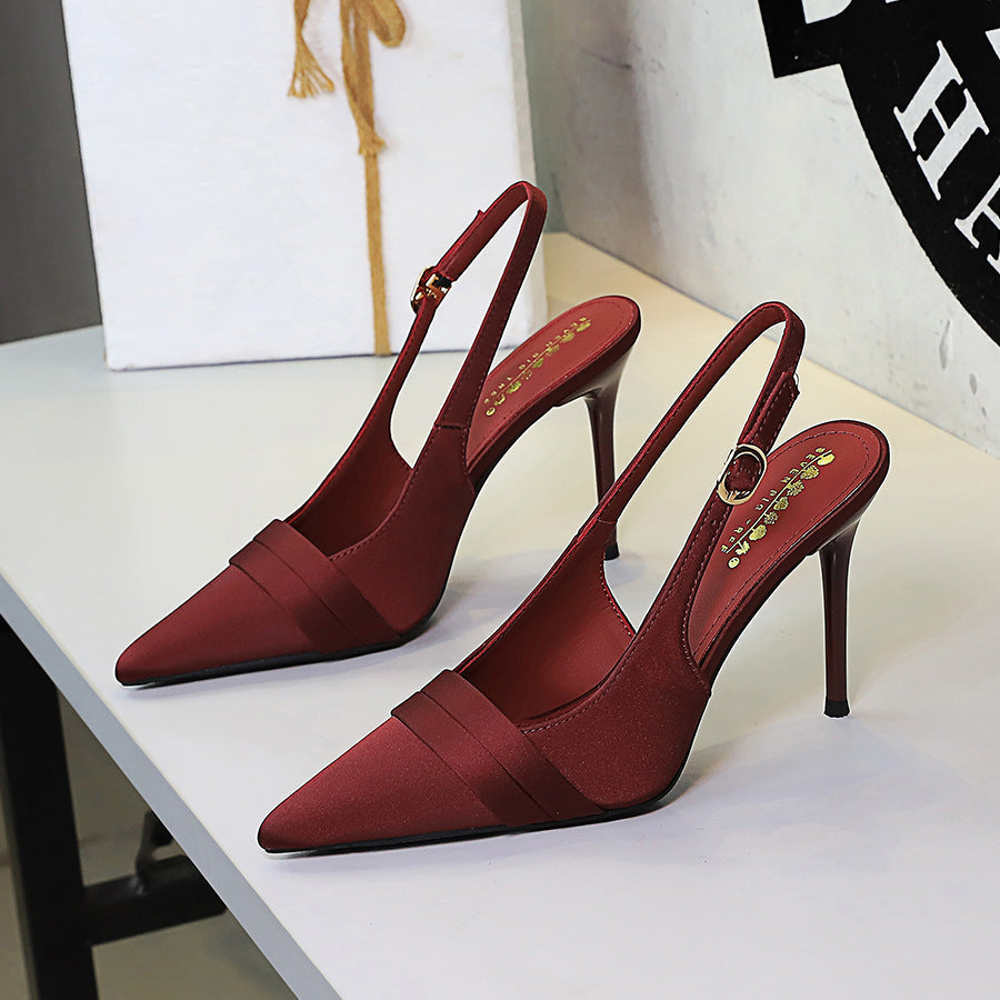 French Satin Women Stiletto Heel High Heel Shoes Pointed Toe Shallow Mouth Back Empty Ankle Strap Buckle Cocktail Shoes Women
