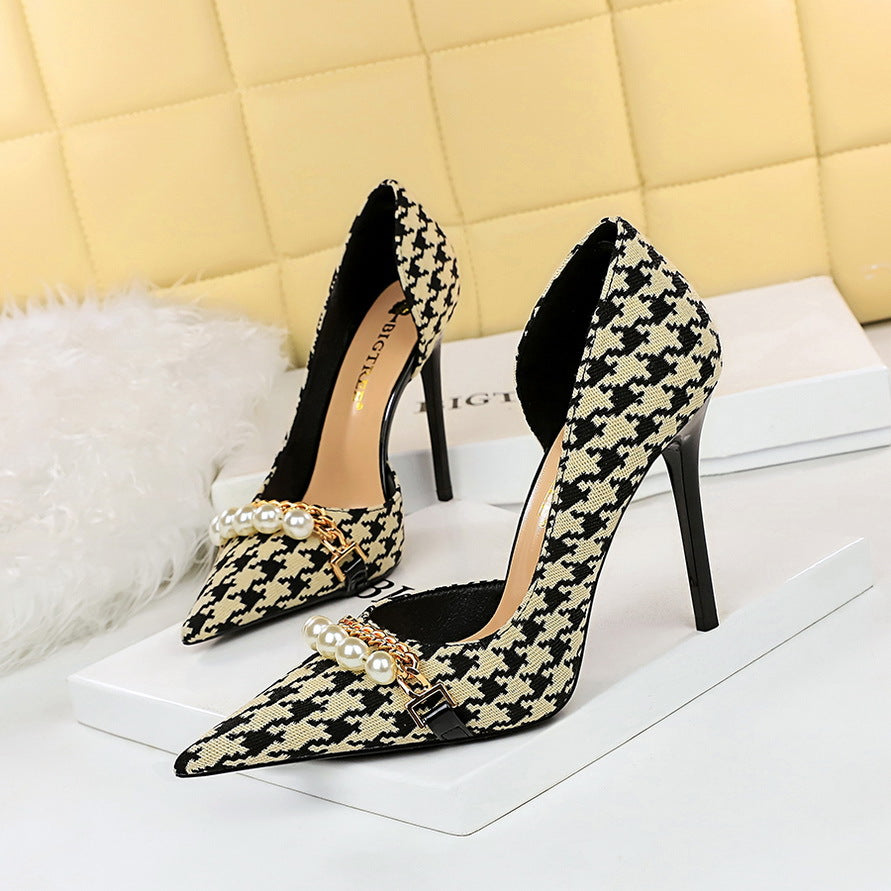 High Heel Low Cut Pointed Toe Side Hollowed Out Fabric Plaid Pearl Metal Chain Houndstooth Pumps