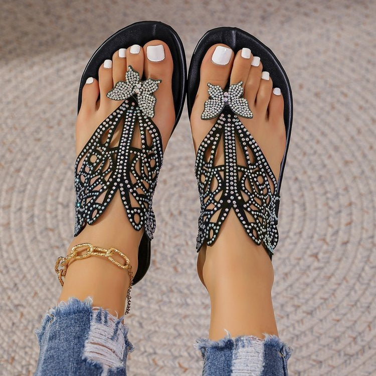 Rhinestone Butterfly Flat Sandals Women Outer Wear Bohemian Seaside Beach Slippers