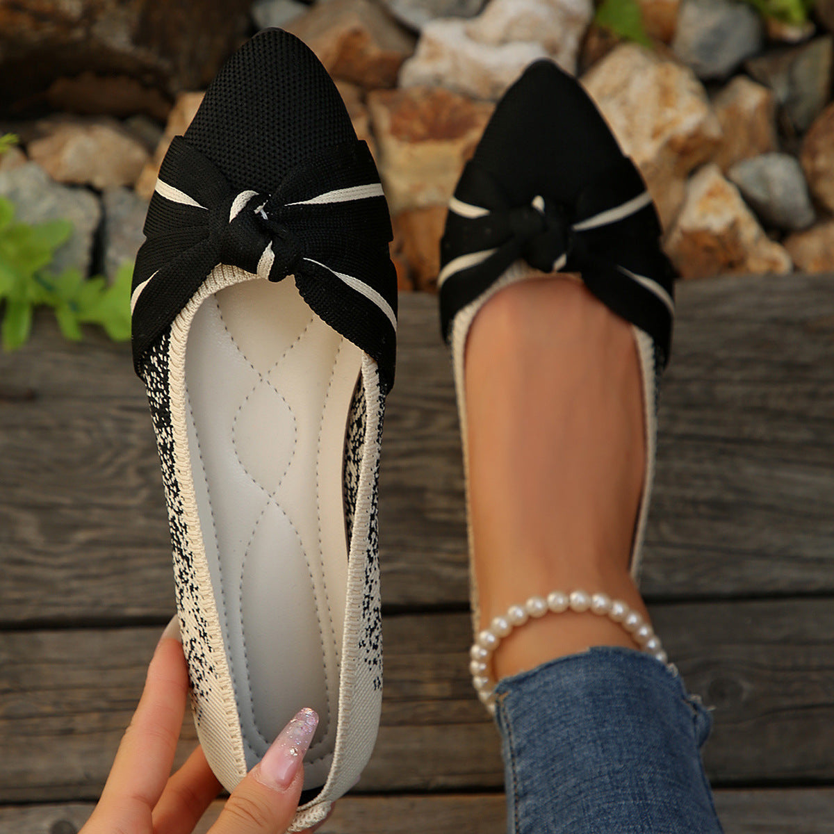 Lightweight Flyknit Soft Bottom Gommino Women Spring Autumn Color Blocking Bow Shallow Mouth Pumps