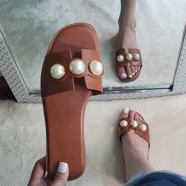 Pearl Flat Slippers Women Summer Solid Color Square Toe Outdoor Beach Slippers