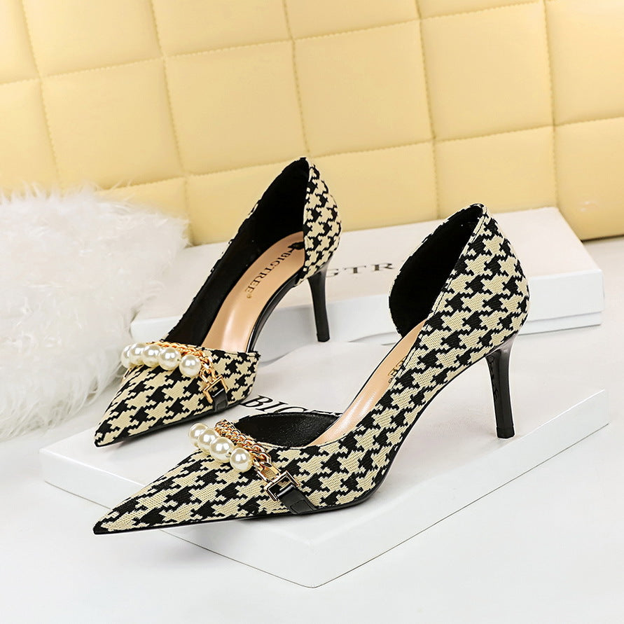 High Heel Low Cut Pointed Toe Side Hollowed Out Fabric Plaid Pearl Metal Chain Houndstooth Pumps
