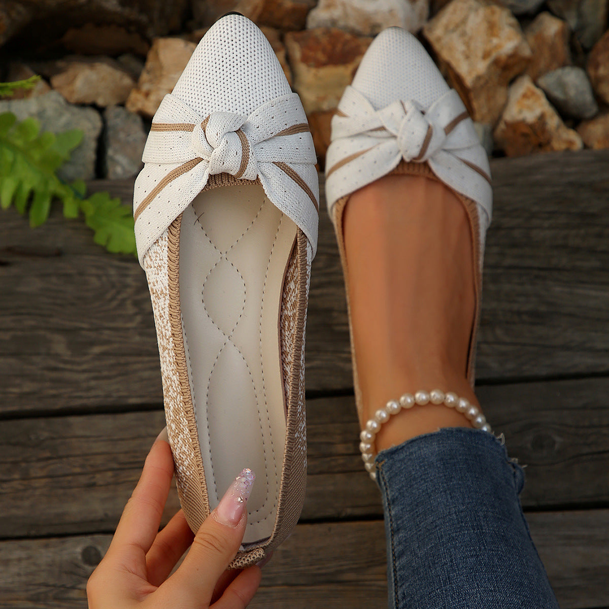 Lightweight Flyknit Soft Bottom Gommino Women Spring Autumn Color Blocking Bow Shallow Mouth Pumps