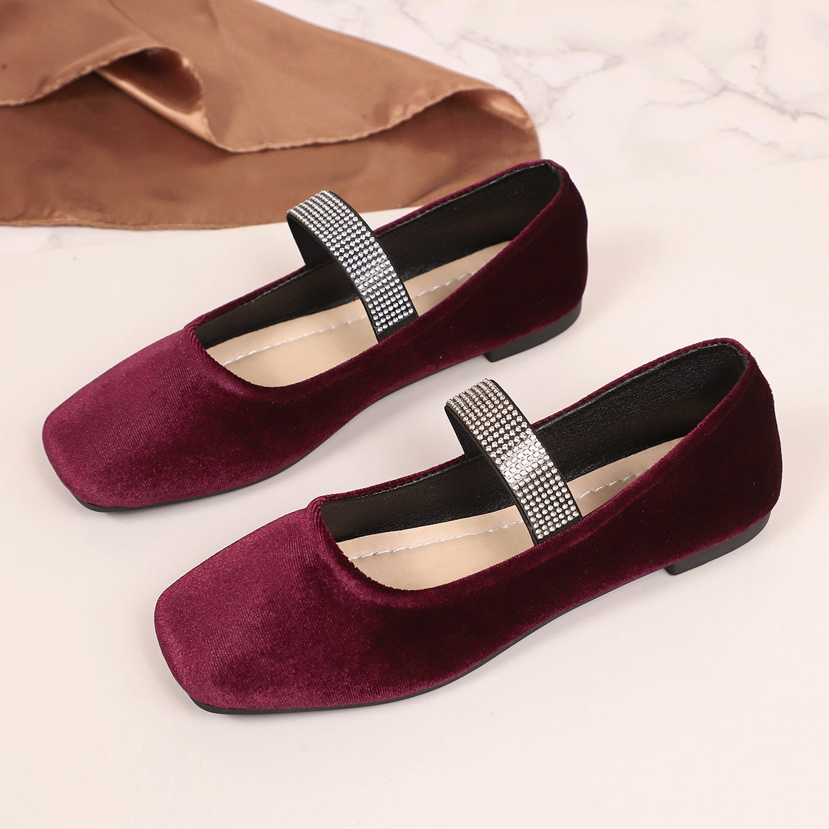Arrival Suede Rhinestones Flat Pumps Women Comfortable Square Toe Low Cut Lightweight Four Seasons Work Shoes