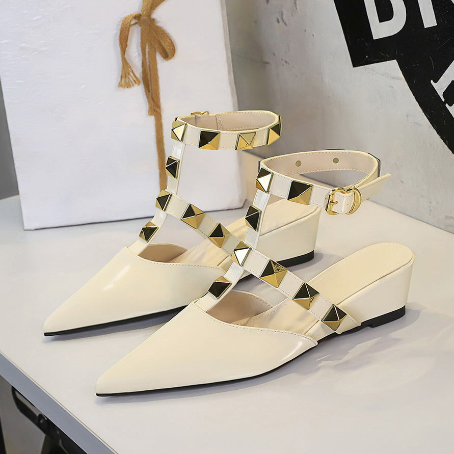 French Wedge Pointed Toe Sandals Women Classic Rivet Design Buckle Comfortable Closed Toe Back Empty Shoes