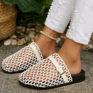 Weaving Hollow Out Cutout Thick Bottom Toe Cap Mules Slippers Women Outer Wear Breathable Belt Buckle Beach Slippers