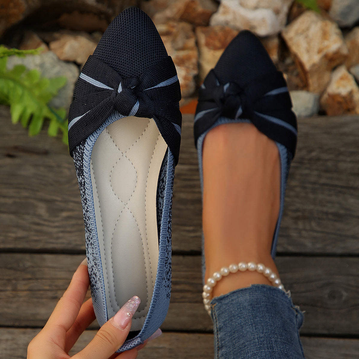 Lightweight Flyknit Soft Bottom Gommino Women Spring Autumn Color Blocking Bow Shallow Mouth Pumps