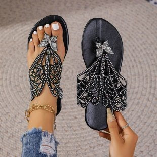 Rhinestone Butterfly Flat Sandals Women Outer Wear Bohemian Seaside Beach Slippers