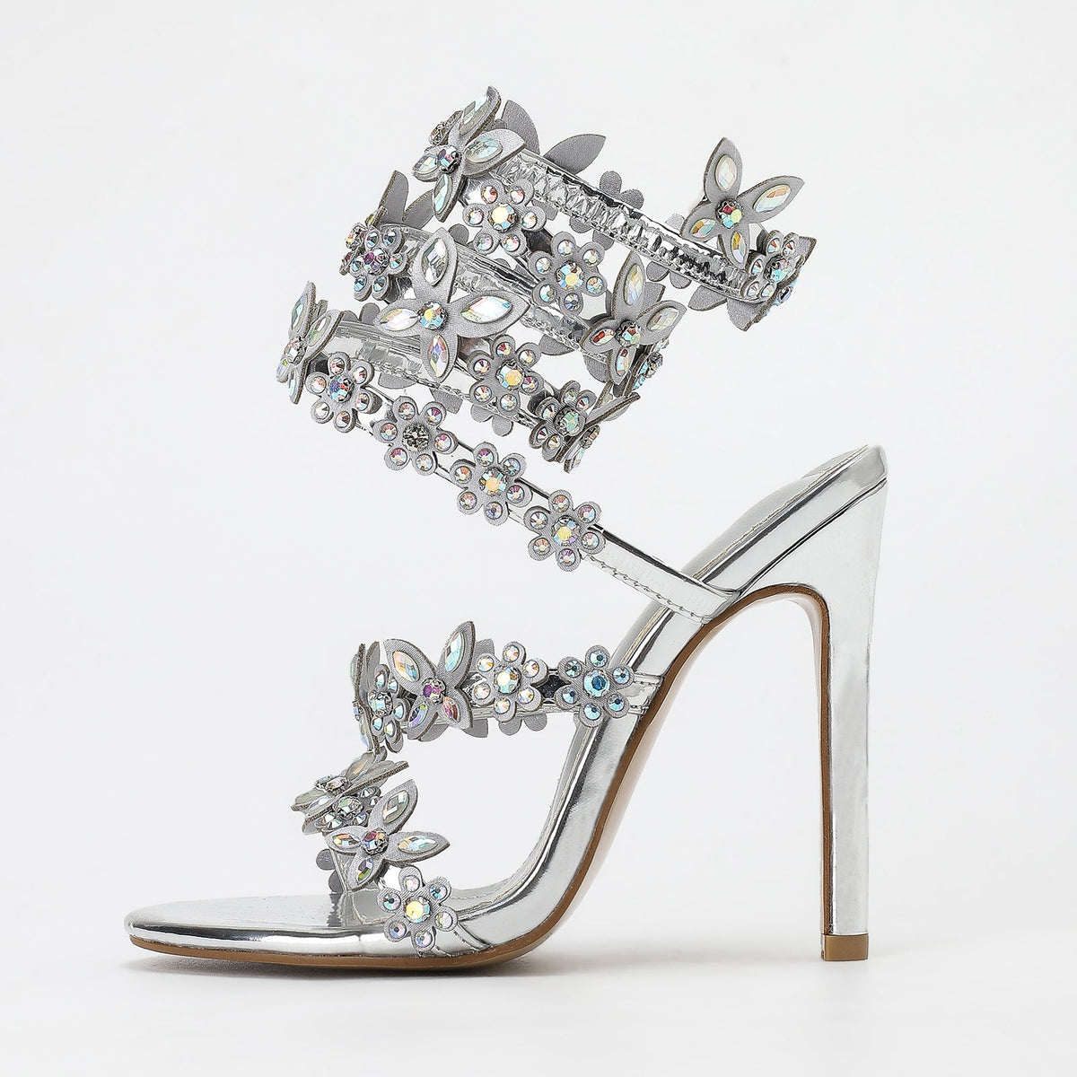 Gold Silver Color 11cm Stiletto round Toe Satin Floral Dream Color Rhinestones High Heel Sandals Summer Heels