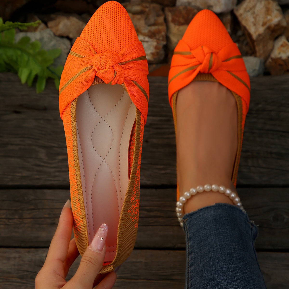 Lightweight Flyknit Soft Bottom Gommino Women Spring Autumn Color Blocking Bow Shallow Mouth Pumps