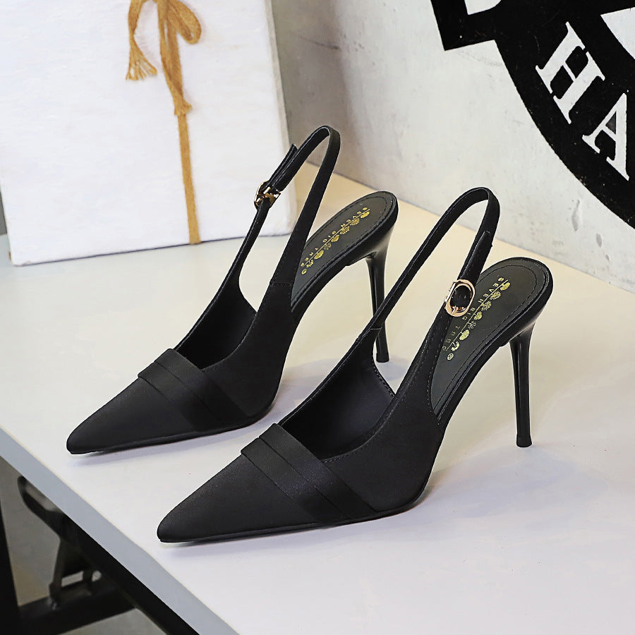 French Satin Women Stiletto Heel High Heel Shoes Pointed Toe Shallow Mouth Back Empty Ankle Strap Buckle Cocktail Shoes Women