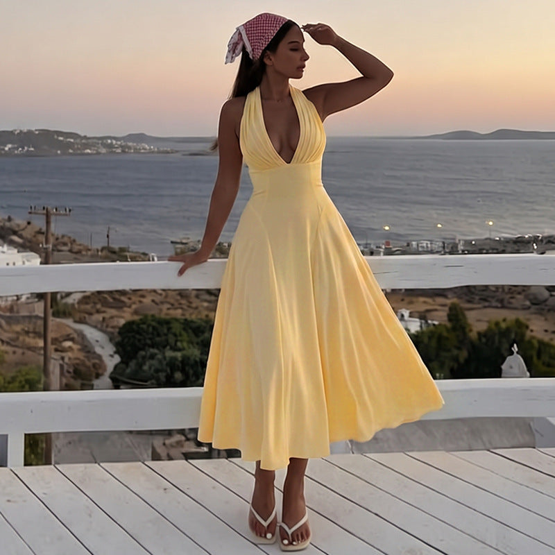 Women Clothing Sensual Deep V Plunge Halter Lace up Backless Slim Fit Hip Wrapped Dress Women Dress