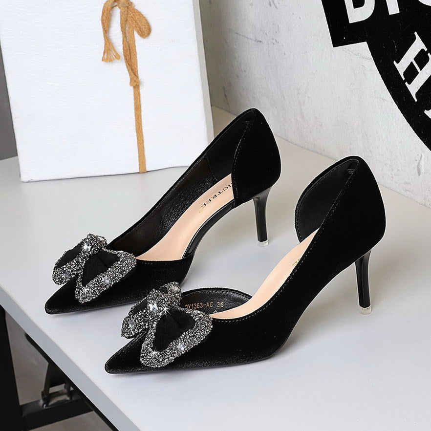 Wind Black Dignified Rhinestone Decorative Bowknot Pointed Shallow Mouth Side Hollow Out Cutout Sexy Pumps