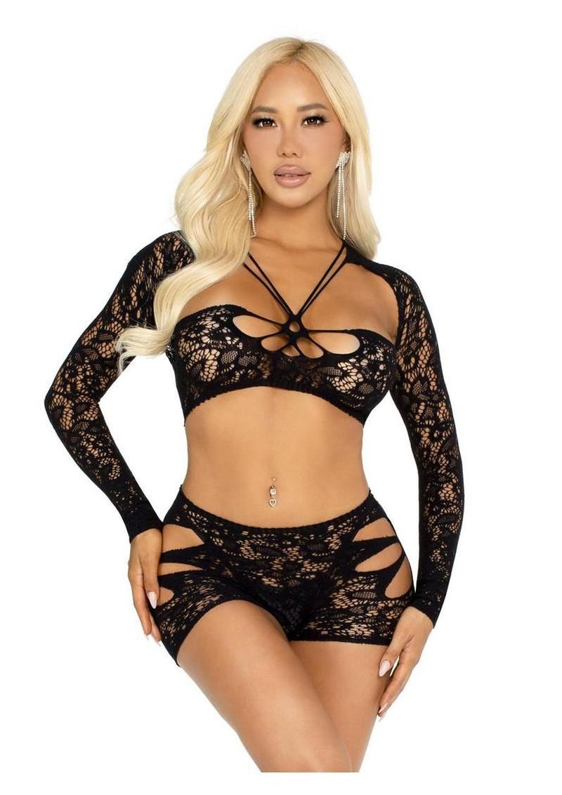 Lace Cut-Out Bra Top, Attached Shrug, and Boy Shorts