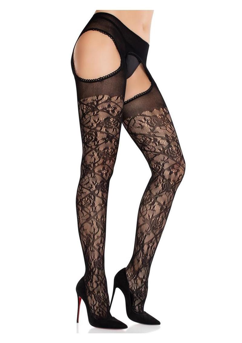 Scalloped Trim Cross Hatch Floral Lace Suspender Hose